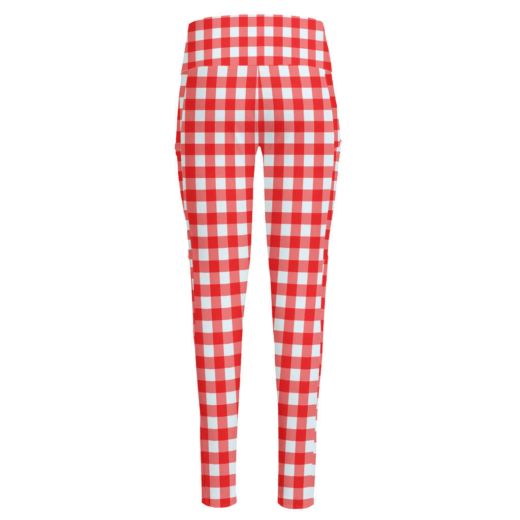 Red And White Check Pattern Print High-Waisted Pocket Leggings