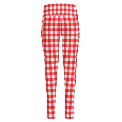 Red And White Check Pattern Print High-Waisted Pocket Leggings