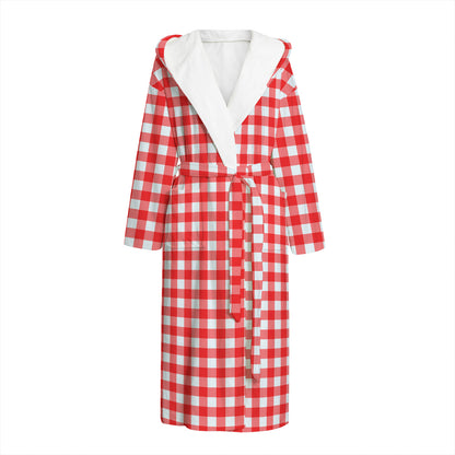 Red And White Check Pattern Print Hooded Bathrobe