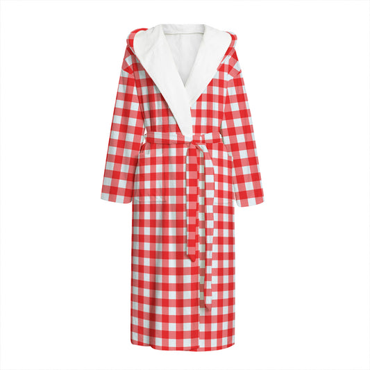 Red And White Check Pattern Print Hooded Bathrobe