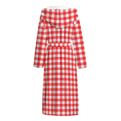 Red And White Check Pattern Print Hooded Bathrobe