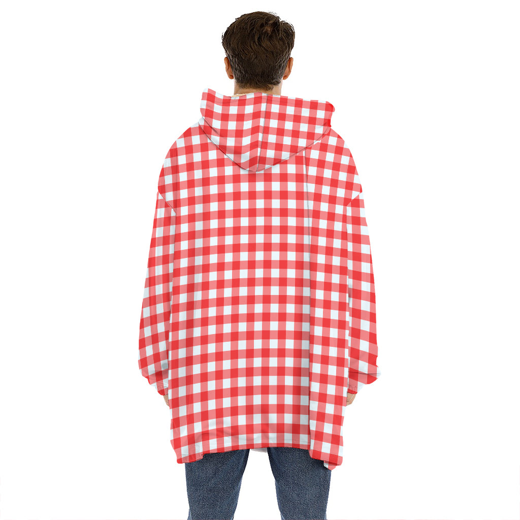 Red And White Check Pattern Print Hoodie Blanket