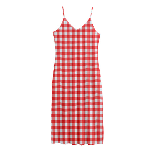 Red And White Check Pattern Print Jersey Midi Cami Dress