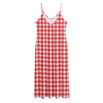 Red And White Check Pattern Print Jersey Midi Cami Dress