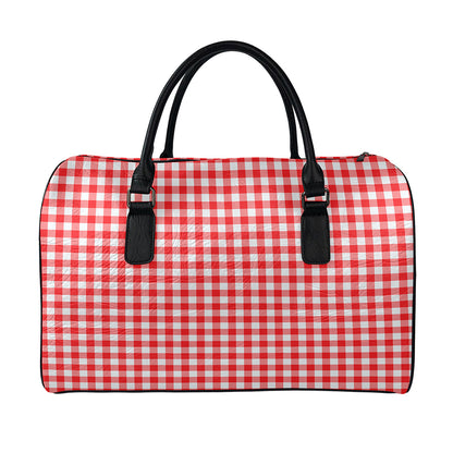 Red And White Check Pattern Print Leather Duffle Bag