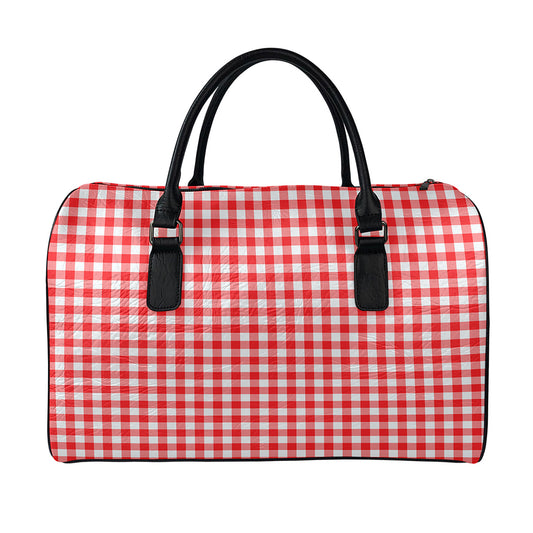 Red And White Check Pattern Print Leather Duffle Bag