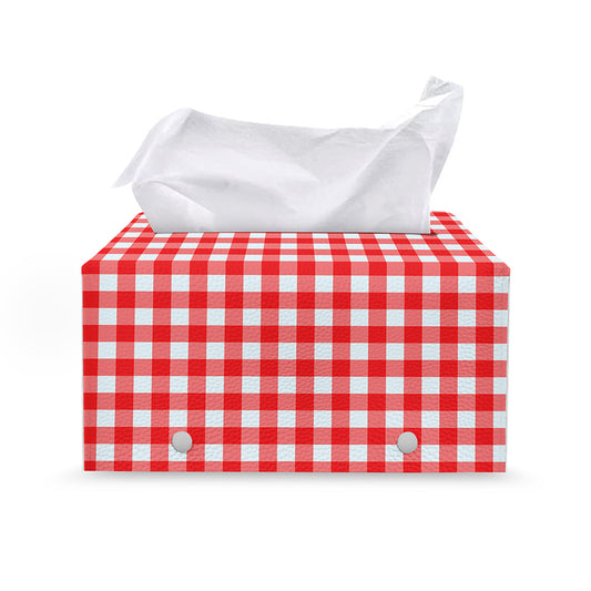 Red And White Check Pattern Print Leather Tissue Box Cover