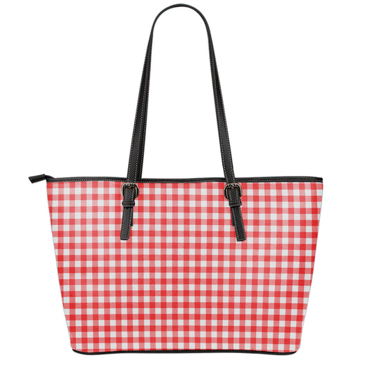Red And White Check Pattern Print Leather Tote Bag