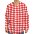Red And White Check Pattern Print Long Sleeve Baseball Jersey