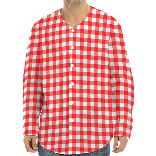 Red And White Check Pattern Print Long Sleeve Baseball Jersey