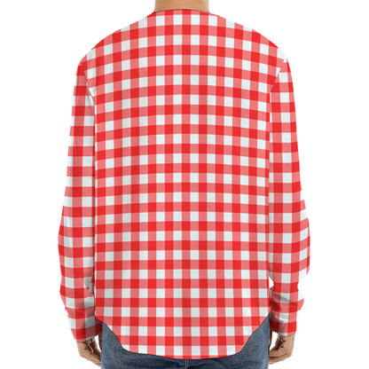 Red And White Check Pattern Print Long Sleeve Baseball Jersey