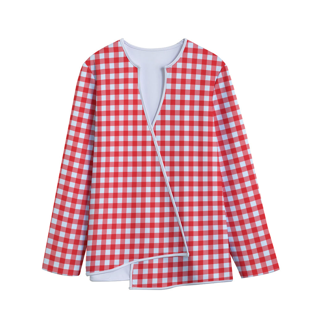 Red And White Check Pattern Print Long Sleeve Short Coat