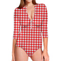 Red And White Check Pattern Print Long Sleeve Swimsuit