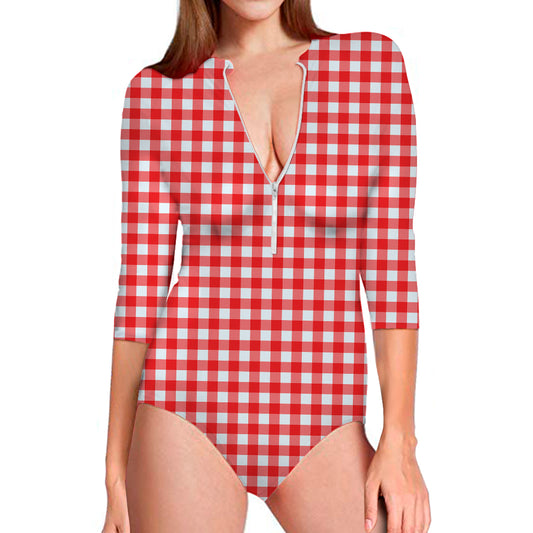 Red And White Check Pattern Print Long Sleeve Swimsuit