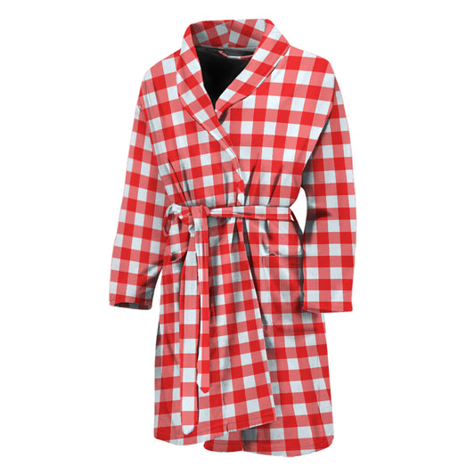 Red And White Check Pattern Print Men's Bathrobe