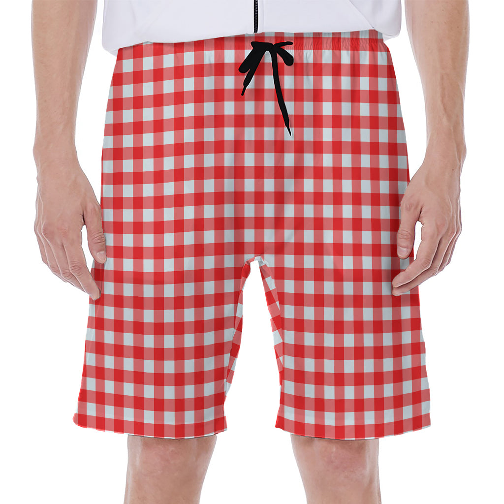 Red And White Check Pattern Print Men's Beach Shorts
