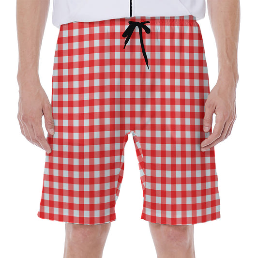 Red And White Check Pattern Print Men's Beach Shorts
