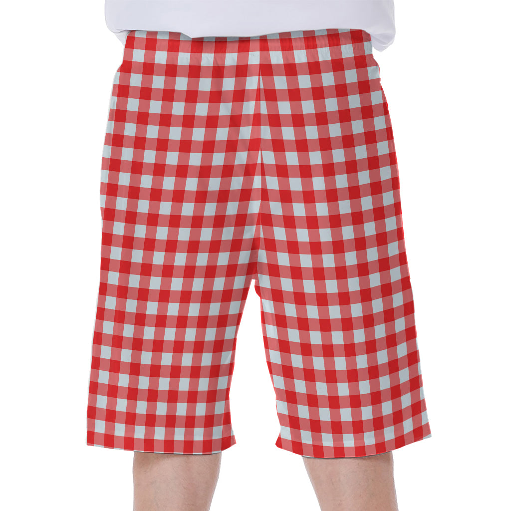 Red And White Check Pattern Print Men's Beach Shorts