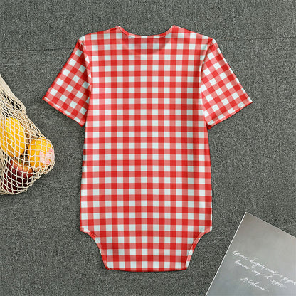 Red And White Check Pattern Print Men's Bodysuit
