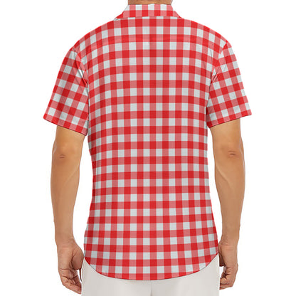 Red And White Check Pattern Print Men's Deep V-Neck Shirt