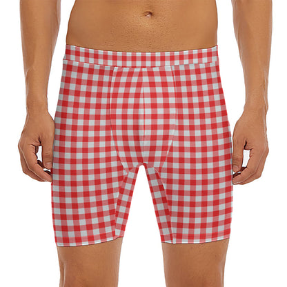 Red And White Check Pattern Print Men's Long Boxer Briefs