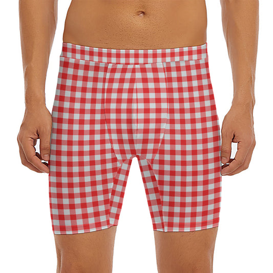 Red And White Check Pattern Print Men's Long Boxer Briefs