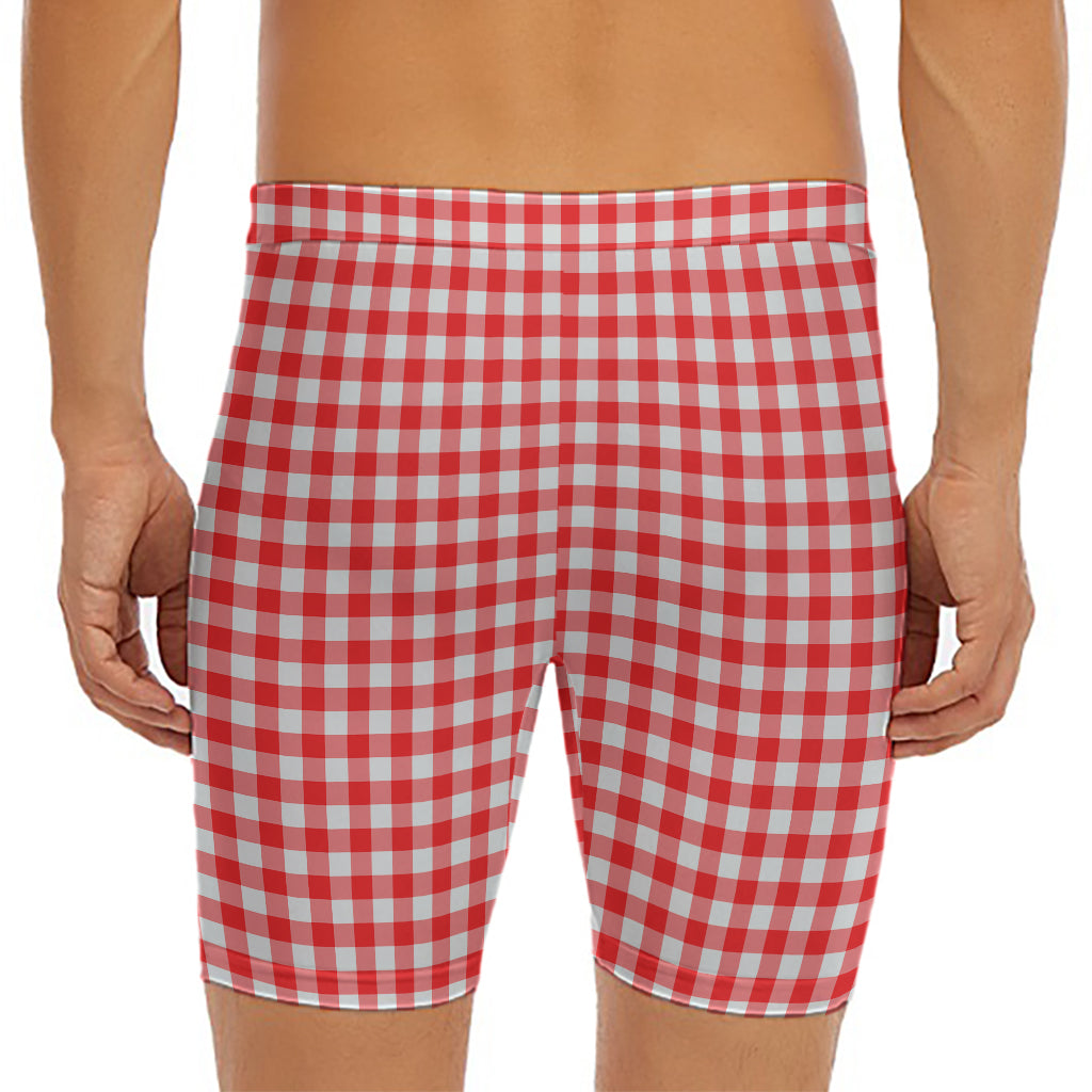 Red And White Check Pattern Print Men's Long Boxer Briefs