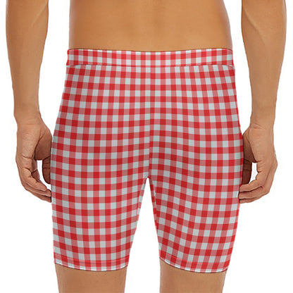 Red And White Check Pattern Print Men's Long Boxer Briefs
