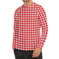 Red And White Check Pattern Print Men's Long Sleeve Rash Guard