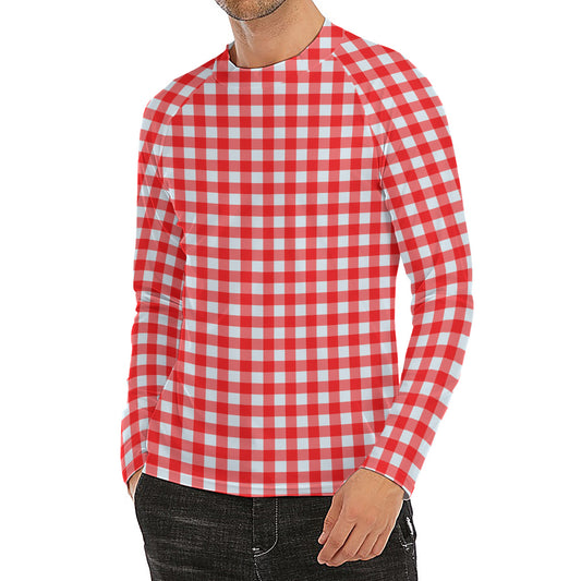 Red And White Check Pattern Print Men's Long Sleeve Rash Guard