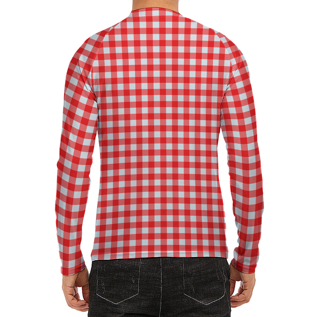 Red And White Check Pattern Print Men's Long Sleeve Rash Guard
