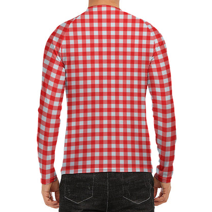 Red And White Check Pattern Print Men's Long Sleeve Rash Guard
