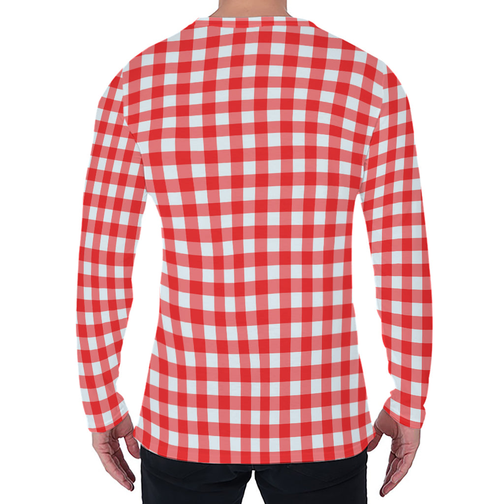 Red And White Check Pattern Print Men's Long Sleeve T-Shirt