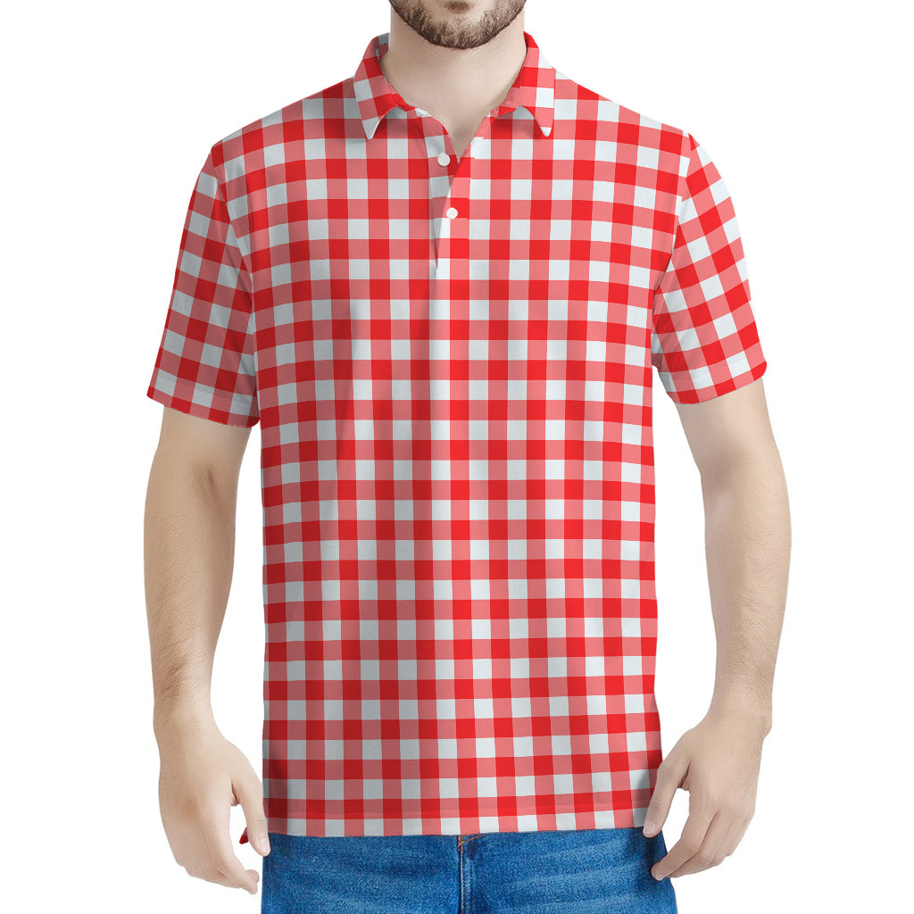 Red And White Check Pattern Print Men's Polo Shirt