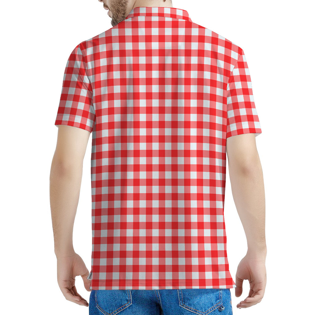 Red And White Check Pattern Print Men's Polo Shirt