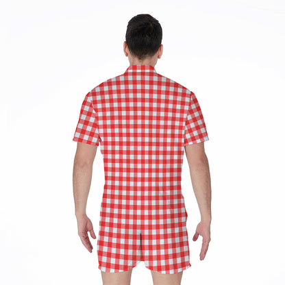 Red And White Check Pattern Print Men's Rompers