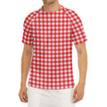 Red And White Check Pattern Print Men's Short Sleeve Rash Guard