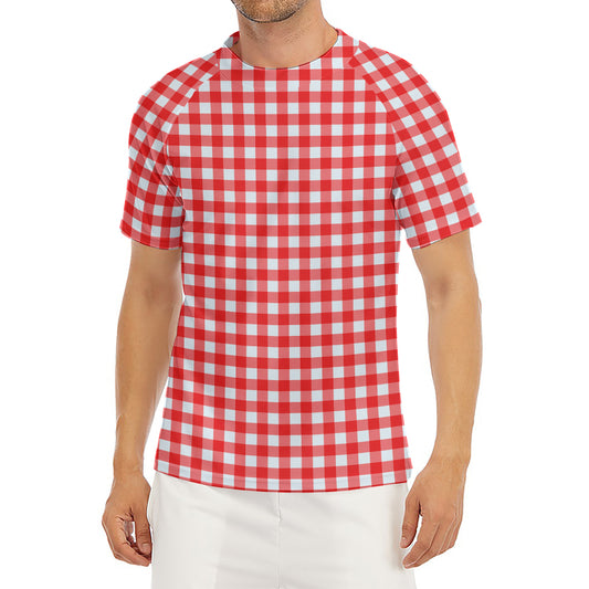 Red And White Check Pattern Print Men's Short Sleeve Rash Guard