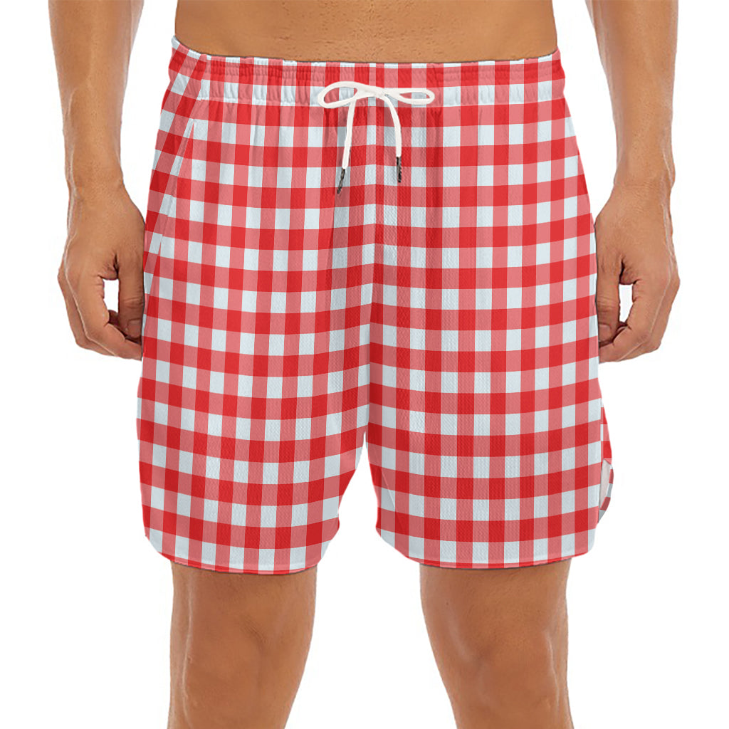 Red And White Check Pattern Print Men's Split Running Shorts