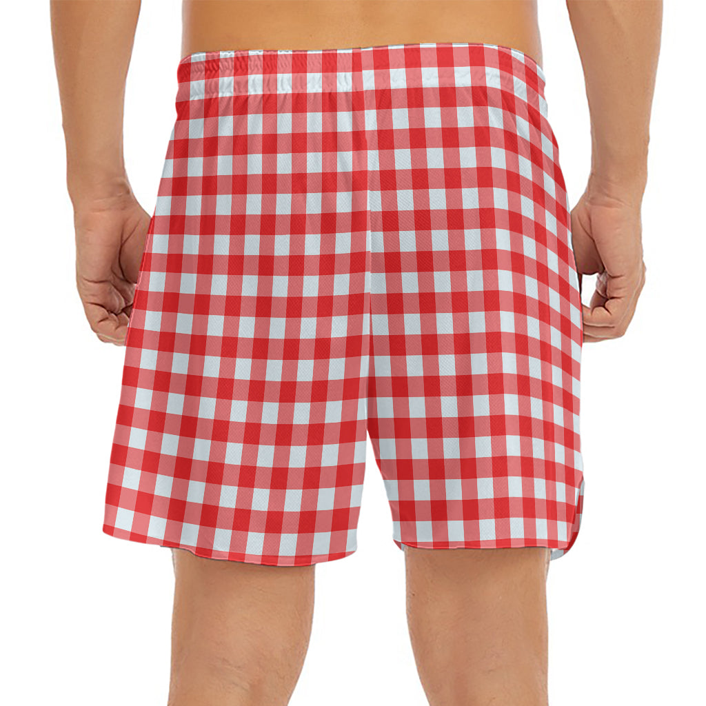 Red And White Check Pattern Print Men's Split Running Shorts