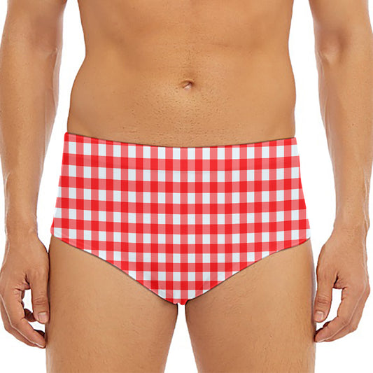 Red And White Check Pattern Print Men's Triangle Swim Briefs