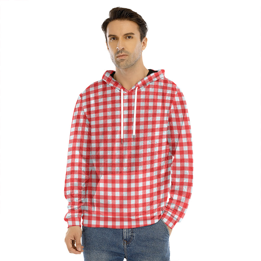 Red And White Check Pattern Print Men's Velvet Pullover Hoodie