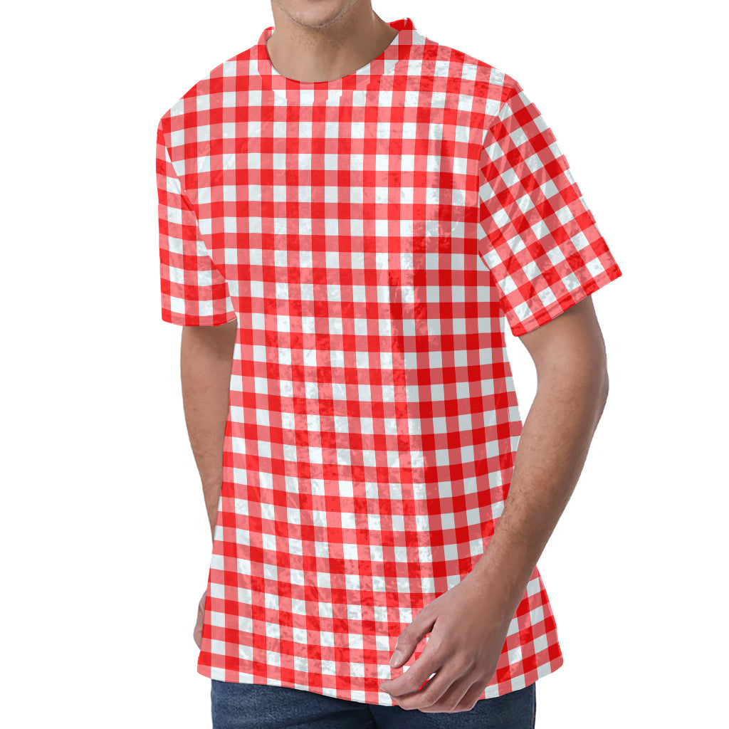 Red And White Check Pattern Print Men's Velvet T-Shirt
