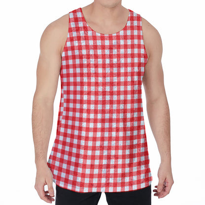 Red And White Check Pattern Print Men's Velvet Tank Top
