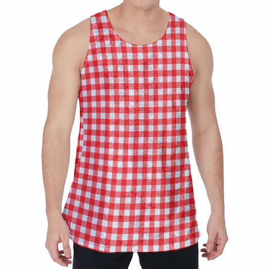 Red And White Check Pattern Print Men's Velvet Tank Top