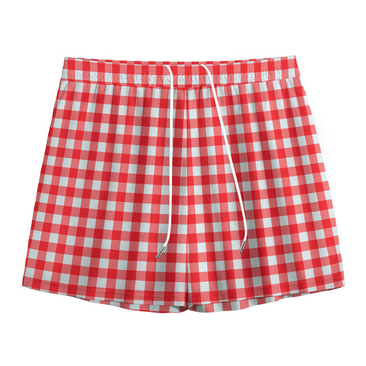 Red And White Check Pattern Print Mesh Shorts