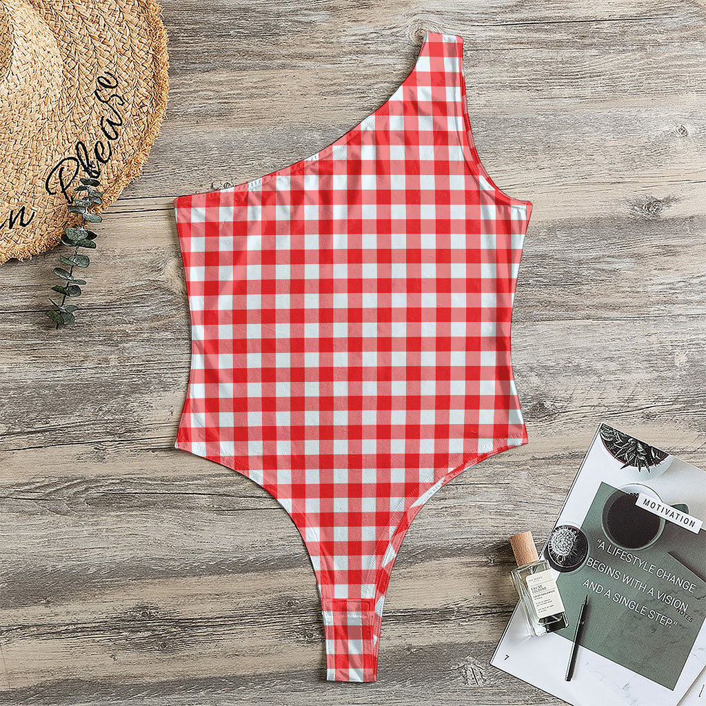 Red And White Check Pattern Print One Shoulder Bodysuit