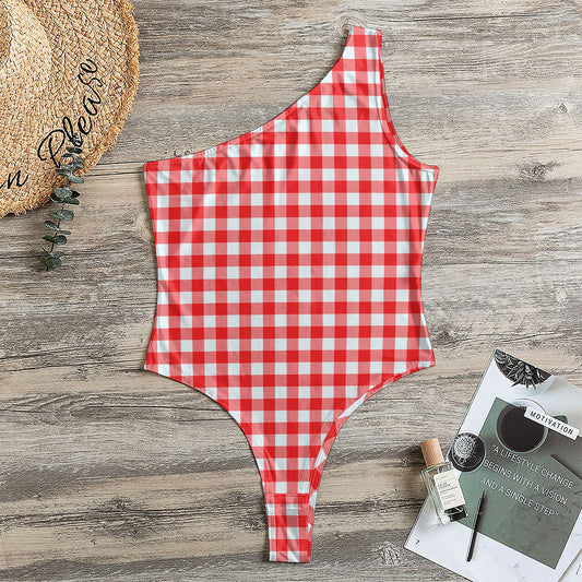 Red And White Check Pattern Print One Shoulder Bodysuit