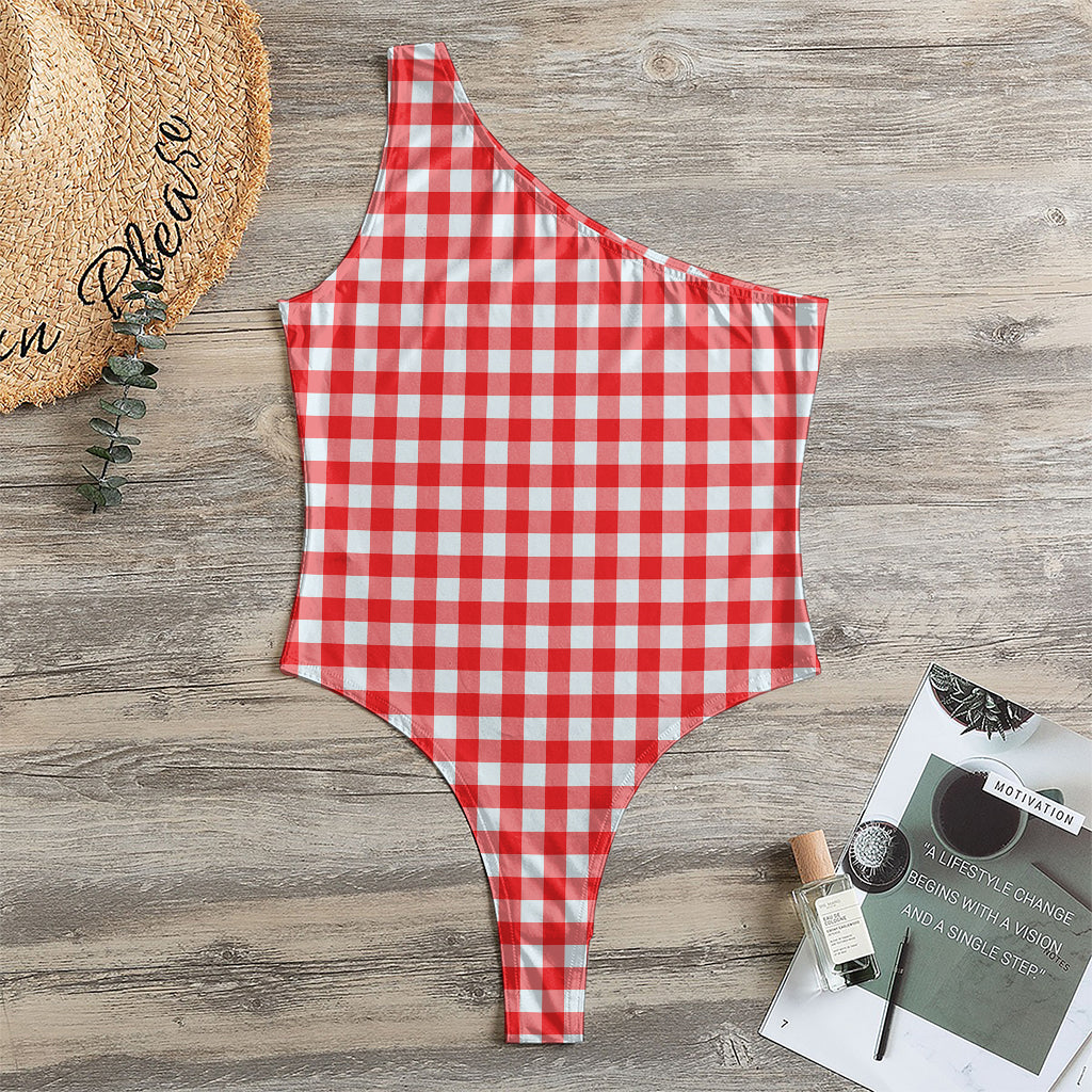 Red And White Check Pattern Print One Shoulder Bodysuit
