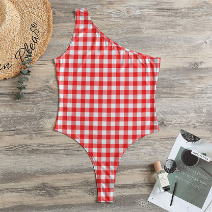 Red And White Check Pattern Print One Shoulder Bodysuit